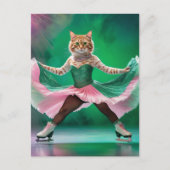 Carte Postale Chat de patinage sur glace mignonne en rose et ver (Devant)