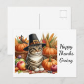 Carte Postale Chat de pèlerin de Thanksgiving et Citrouilles (Devant / Derrière)