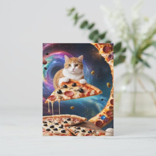 Carte Postale Chat de pizza drôle dans l'espace (Debout devant)