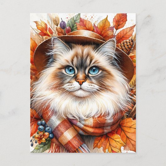 Carte Postale Chat De Poupée En Écharpe D'Automne Avec Feuilles  (Devant)