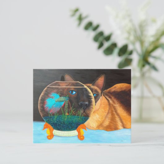 Carte Postale Chat de Siamese et Betta Fish (Debout devant)