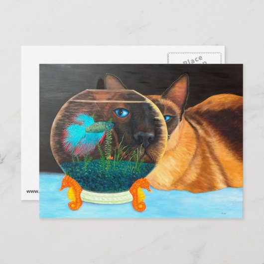Carte Postale Chat de Siamese et Betta Fish (Devant / Derrière)
