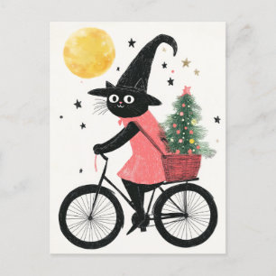 Carte Postale Chat de sorcière à vélo avec arbre de Noël Quirky 