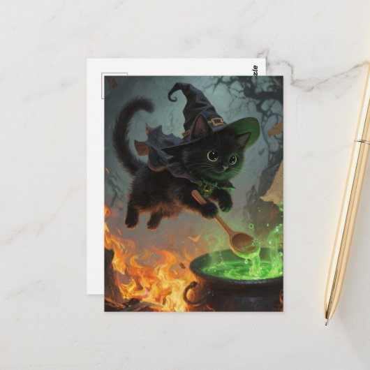 Carte Postale Chat de sorcière noir adorable faisant des potions (Devant/Arrière en situation)