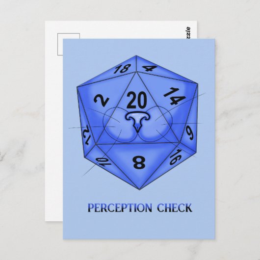 Carte Postale Chat. Dés 20. Vérification de la perception (Devant / Derrière)