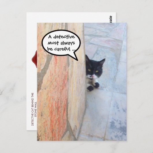 Carte Postale CHAT DÉTECTIF DERRIÈRE LE MUR DE PIERRE / Fête des (Devant / Derrière)