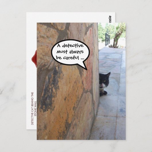 Carte Postale CHAT DÉTECTIVE DERRIÈRE LE MUR DE PIERRE / Fête de (Devant / Derrière)