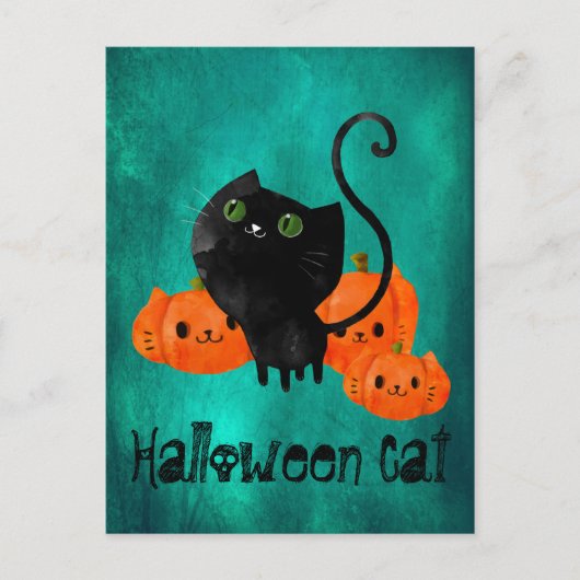 Carte Postale Chat d'Halloween mignon avec citrouilles (Devant)