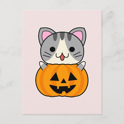 Carte Postale Chat d'Halloween mignonne à Jack-o'-lantern (Devant)