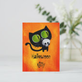 Carte Postale Chat d'Halloween noir avec crâne (Debout devant)