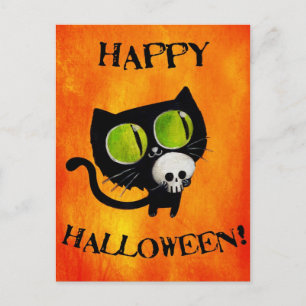 Carte Postale Chat d'Halloween noir avec crâne