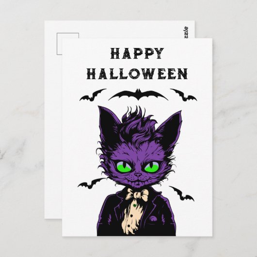 Carte Postale Chat d'Halloween violet (Devant / Derrière)