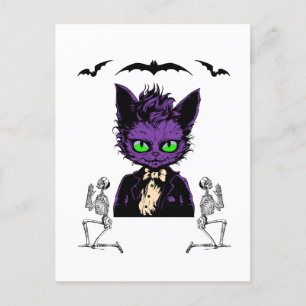 Carte Postale Chat d'Halloween violet avec chauve-souris et sque