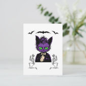 Carte Postale Chat d'Halloween violet avec chauve-souris et sque (Debout devant)