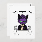 Carte Postale Chat d'Halloween violet avec chauve-souris et sque (Devant / Derrière)