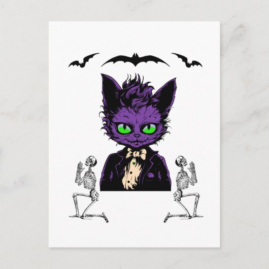 Carte Postale Chat d'Halloween violet avec chauve-souris et sque (Devant)