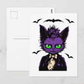 Carte Postale Chat d'Halloween violet avec chauves-souris (Devant / Derrière)