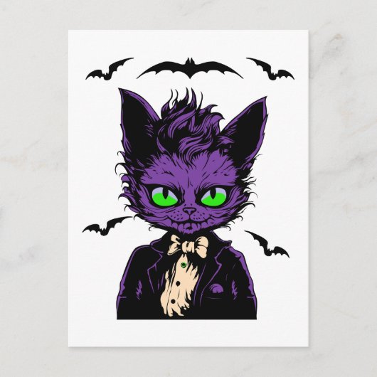 Carte Postale Chat d'Halloween violet avec chauves-souris (Devant)