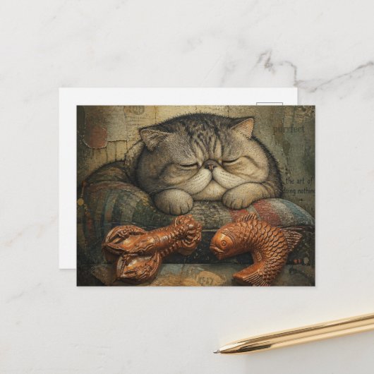 Carte Postale Chat dormant avec homard et poisson (Devant/Arrière en situation)