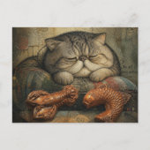 Carte Postale Chat dormant avec homard et poisson (Devant)