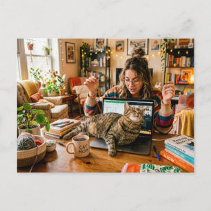 Carte Postale Chat Dort Sur L'Ordinateur Portable Pendant La Réu