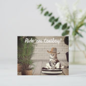Carte Postale Chat drôle avec chapeau de cowboy chevauchant un a (Debout devant)
