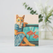 Carte Postale Chat drôle avec collage rétro de poisson rouge (Debout devant)
