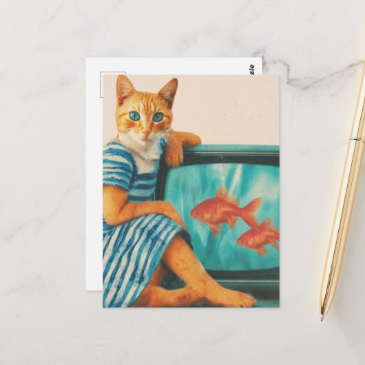 Carte Postale Chat drôle avec collage rétro de poisson rouge (Devant/Arrière en situation)
