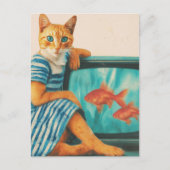 Carte Postale Chat drôle avec collage rétro de poisson rouge (Devant)