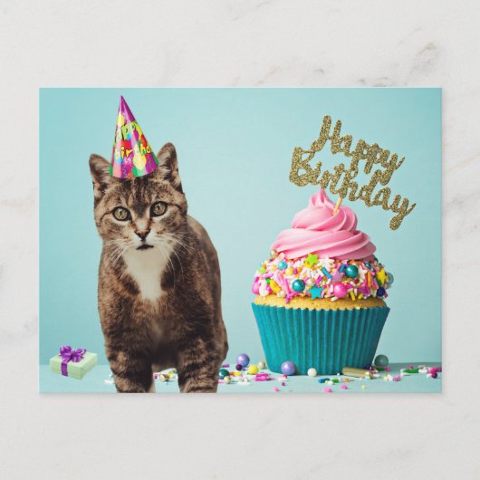 Carte Postale Chat drôle de Joyeux Anniversaire avec Cupcake (Devant)