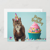Carte Postale Chat drôle joyeux anniversaire avec cupcake (Devant / Derrière)