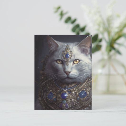 Carte Postale Chat en bleu et or Armure (Debout devant)