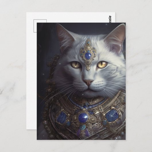 Carte Postale Chat en bleu et or Armure (Devant / Derrière)