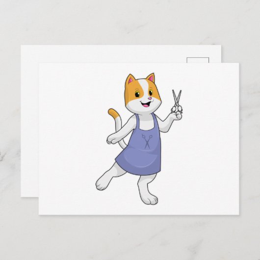 Carte Postale Chat en coiffeur avec des ciseaux (Devant / Derrière)