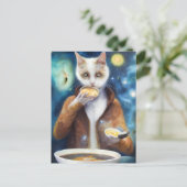 Carte Postale Chat en combinaison de jumelage manger soupe IA pr (Debout devant)