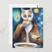 Carte Postale Chat en combinaison de jumelage manger soupe IA pr (Devant / Derrière)