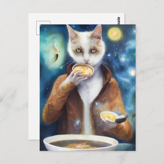 Carte Postale Chat en combinaison de jumelage manger soupe IA pr (Devant / Derrière)