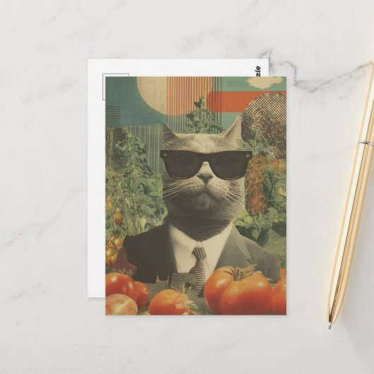 Carte Postale Chat en costume dans un jardin de tomates (Devant/Arrière en situation)