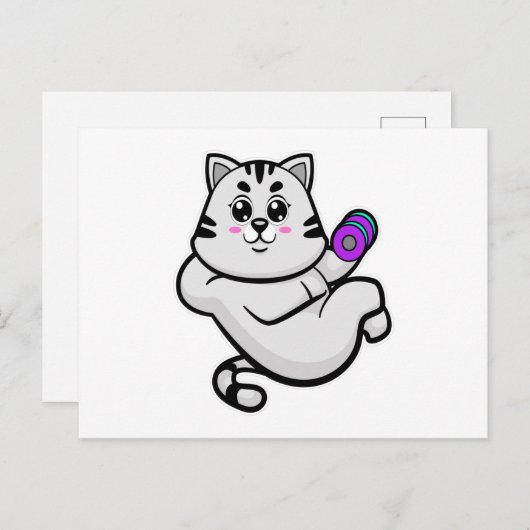 Carte Postale Chat en culturiste avec haltère (Devant / Derrière)