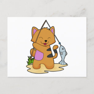 Carte Postale Chat en Fisher avec la baguette de pêche et le poi