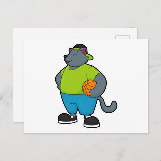 Carte Postale Chat en joueur de basketball avec ballon de basket (Devant / Derrière)