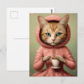 Carte Postale Chat en Manteau rose avec café (Devant / Derrière)