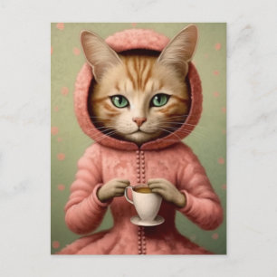 Carte Postale Chat en Manteau rose avec café