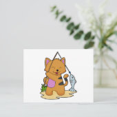Carte Postale Chat en pêcheur avec canne à pêche et poisson (Debout devant)