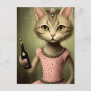 Carte Postale Chat en robe rose