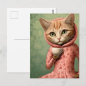 Carte Postale Chat en rose avec un café (Devant / Derrière)