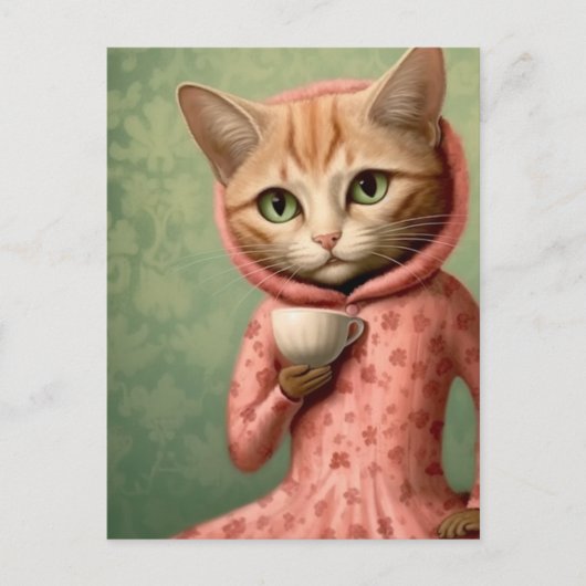Carte Postale Chat en rose avec un café (Devant)