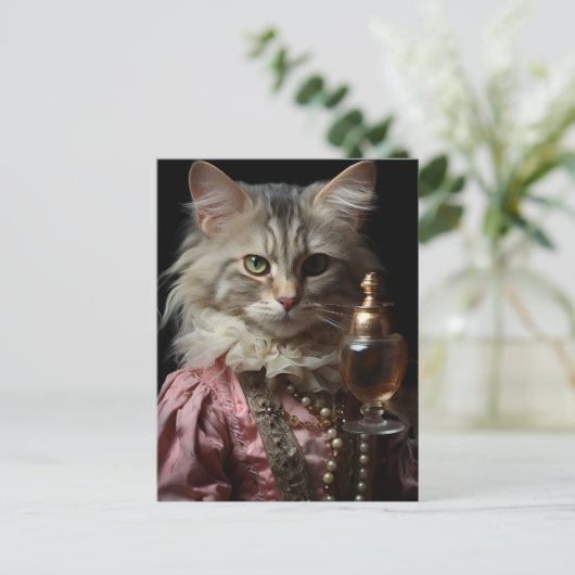 Carte Postale Chat en rose et perles (Debout devant)