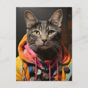 Carte Postale Chat en Sweat - shirt à capuche coloré et veste AI