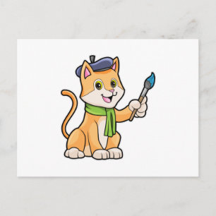 Carte Postale Chat en tant que peintre avec pinceau et foulard